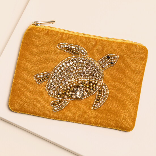 Mustard Velvet Gold Beaded Turtle Pouch