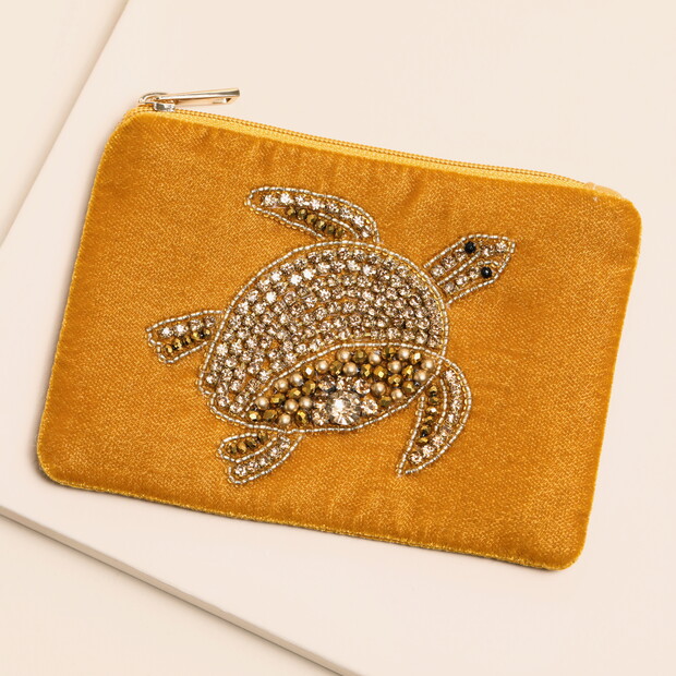 Mustard Velvet Gold Beaded Turtle Pouch