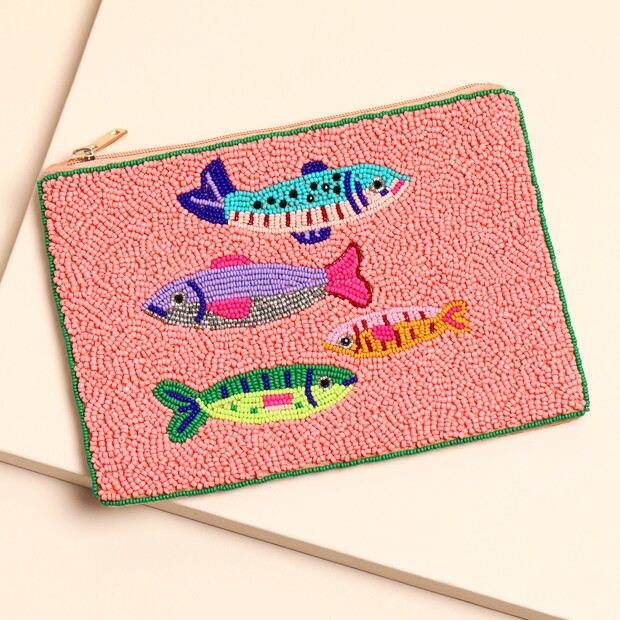 Large Pink Beaded Fish Pouch