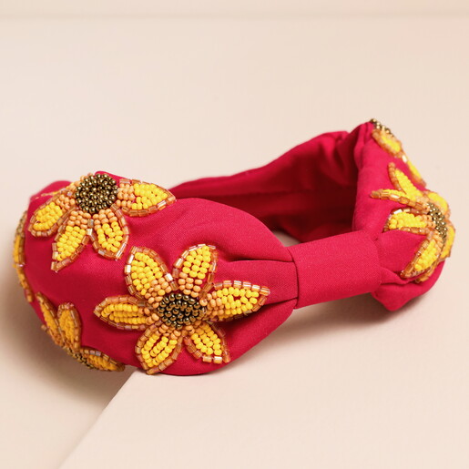 Pink Sunflower Beaded Headband