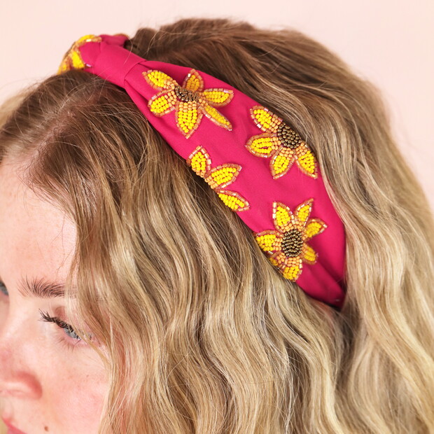 Pink Sunflower Beaded Headband
