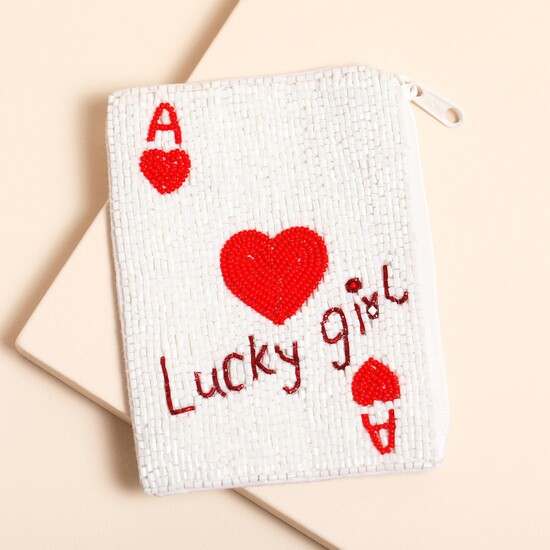 Small White Beaded 'Lucky Girl' Ace of Spades Pouch