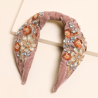 Vintage Pink Velvet Floral Beaded Headband