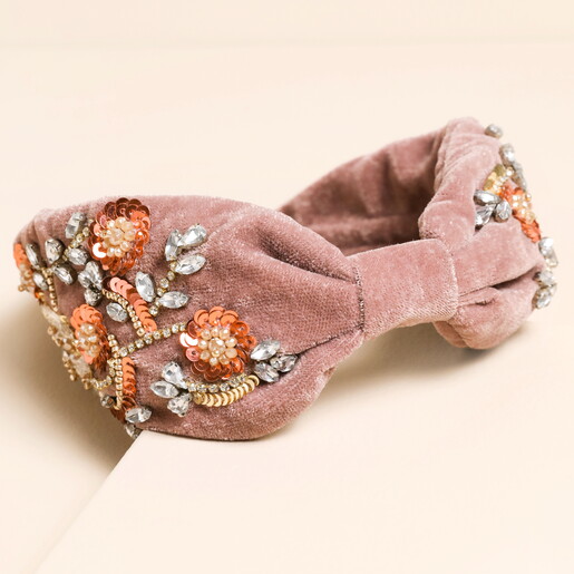 Vintage Pink Velvet Floral Beaded Headband