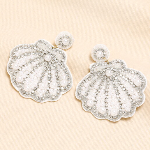 White Beaded Shell Drop Earrings