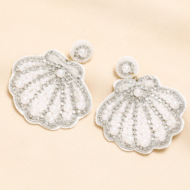 White Beaded Shell Drop Earrings