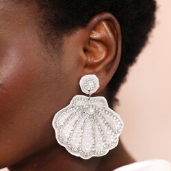 White Beaded Shell Drop Earrings