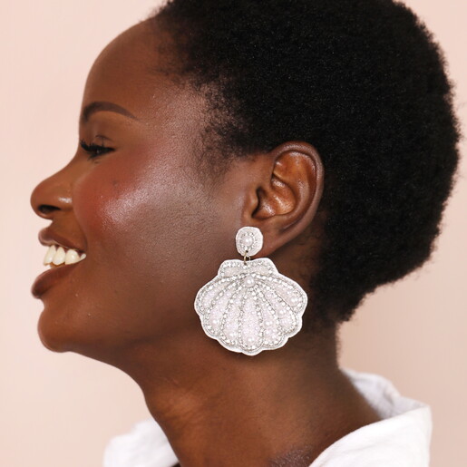 White Beaded Shell Drop Earrings