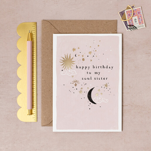 lilac birthday card with celestial design