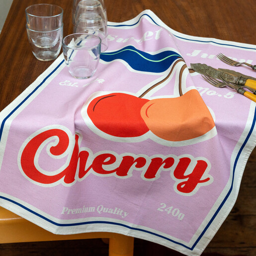 Cotton Pink Cherry Print Tea Towel