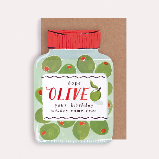 olive jar birthday card in green and red