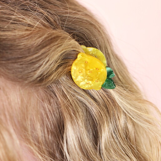 mini fruit-themed hair clip on model