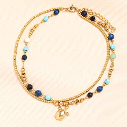 Semi Precious Beaded Blue Turtle Anklet in Gold