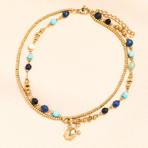 Semi Precious Beaded Blue Turtle Anklet in Gold