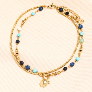 Semi Precious Beaded Blue Turtle Anklet in Gold
