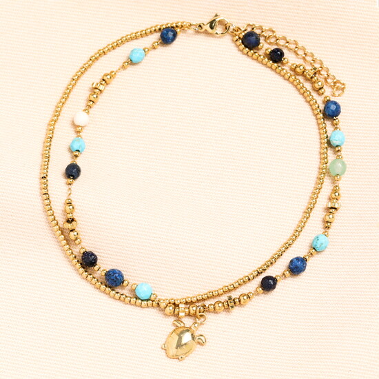 Semi Precious Beaded Blue Turtle Anklet in Gold