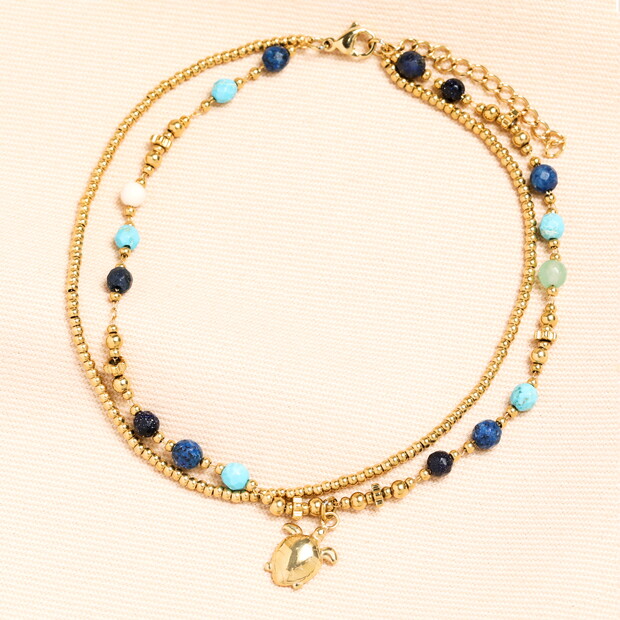 Semi Precious Beaded Blue Turtle Anklet in Gold