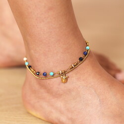 Semi Precious Beaded Blue Turtle Anklet in Gold