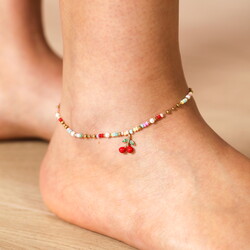 Stainless Steel Multicolour Beaded Cherry Charm Anklet in Gold