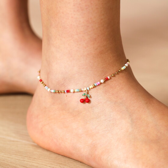 Stainless Steel Multicolour Beaded Cherry Charm Anklet in Gold