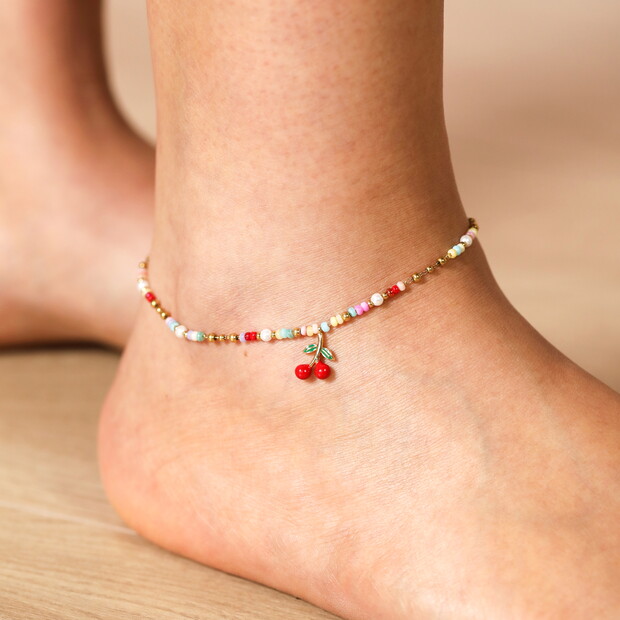 Stainless Steel Multicolour Beaded Cherry Charm Anklet in Gold