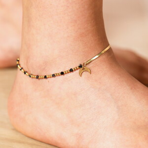 Stainless Steel Double Layer Moon Charm Beaded Anklet in Gold
