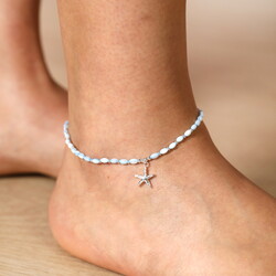 Stainless Steel Blue Beaded Starfish Charm Anklet