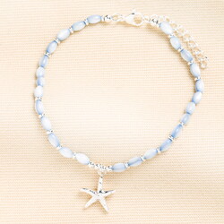 Stainless Steel Blue Beaded Starfish Charm Anklet
