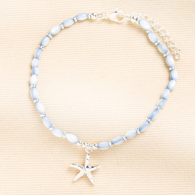 Stainless Steel Blue Beaded Starfish Charm Anklet