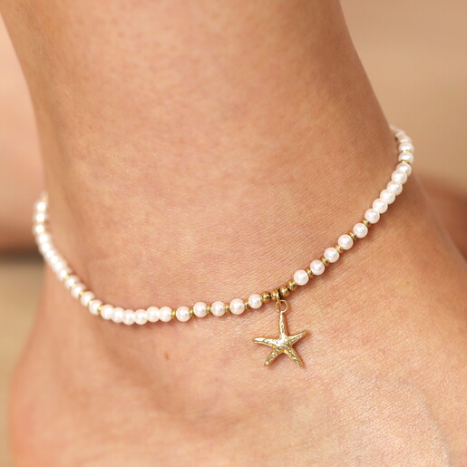 Stainless Steel Starfish Charm Pearl Beaded Anklet in Gold Close Up on Model
