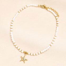 Stainless Steel Starfish Charm Pearl Beaded Anklet in Gold