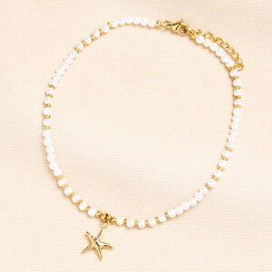 Stainless Steel Starfish Charm Pearl Beaded Anklet in Gold