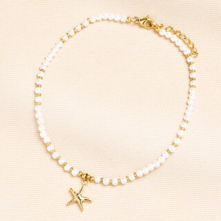 Stainless Steel Starfish Charm Pearl Beaded Anklet in Gold
