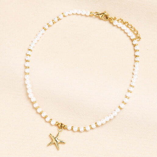 Stainless Steel Starfish Charm Pearl Beaded Anklet in Gold