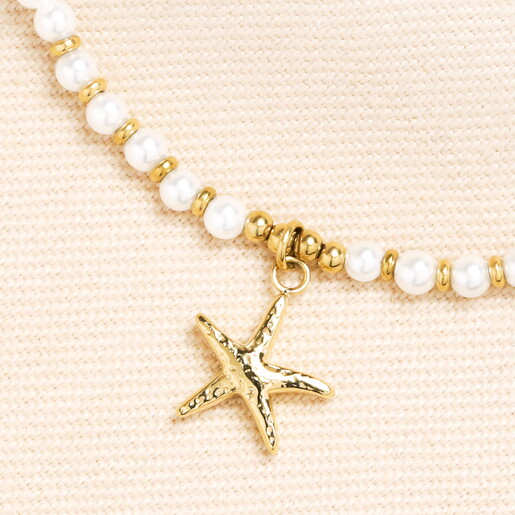 Stainless Steel Starfish Charm Pearl Beaded Anklet in Gold