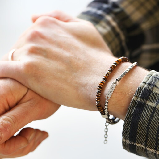 Mens Stainless Steel and Tigers Eye Bracelet on Model