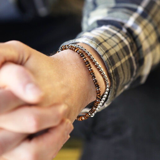 Stainless Steel and Semi Precious Mens Bracelet with Engraved ID Tag on Male Model