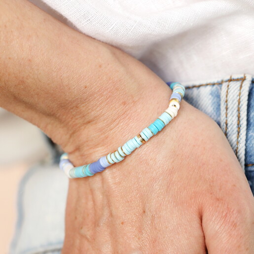Blue Disc Beaded Bracelet in Gold