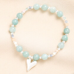 Green Heart Charm Beaded Bracelet in Silver