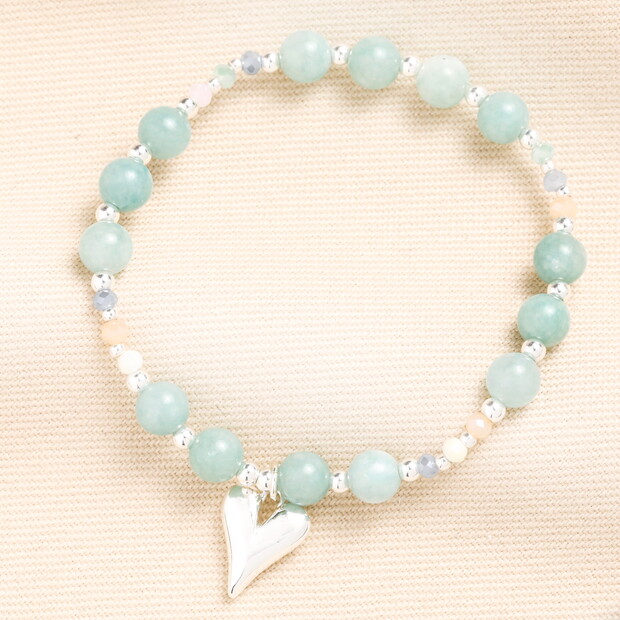Green Heart Charm Beaded Bracelet in Silver