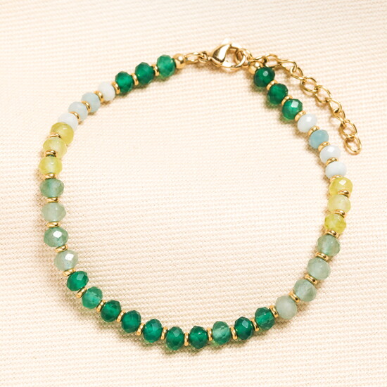 Stainless Steel Green Ombre Semi Precious Stone Beaded Bracelet in Gold