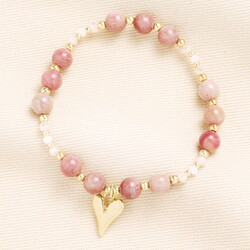 Pink Heart Charm Beaded Bracelet in Gold