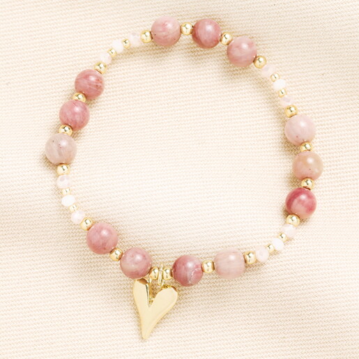 Pink Heart Charm Beaded Bracelet in Gold