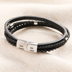 Men's Personalised Black Leather Stainless Steel Agate Bracelet