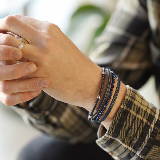 model shot of stainless steel leather bracelet