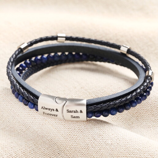 midnight blue men's personalised leather bracelet
