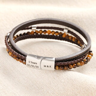 Men's Personalised Brown Leather Stainless Steel Tigers Eye Bracelet 