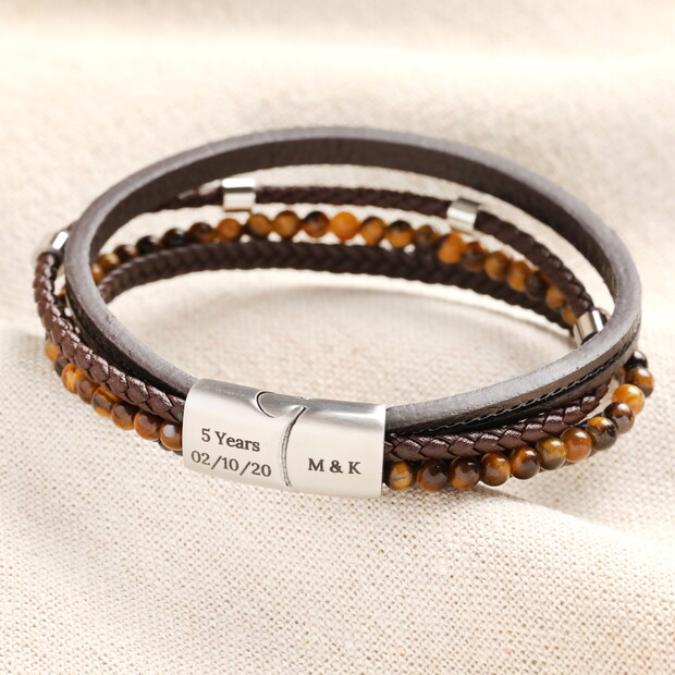 Men's Personalised Brown Leather Stainless Steel Tigers Eye Bracelet 