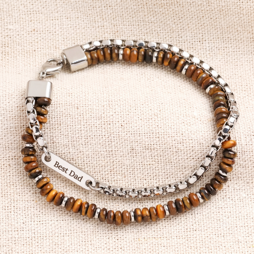 A Double Layered Beaded Bracelet for Men in Brown Stone With an Engraved Stainless Steel ID Tag
