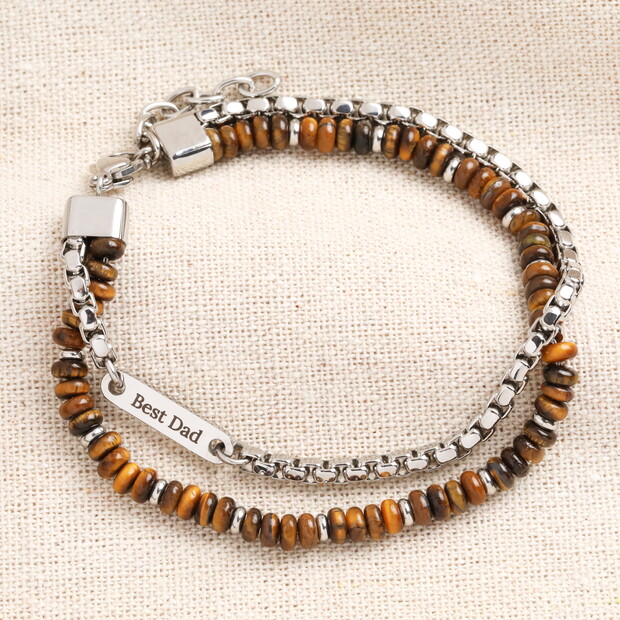 Men's Stainless Steel Tiger's Eye Double Layer Beaded Bracelet